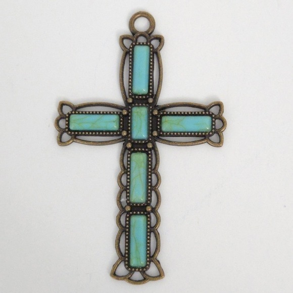 Large Christian Cross Turquoise Black Silver Pendants for Necklaces (Set of 2) - Picture 5 of 7
